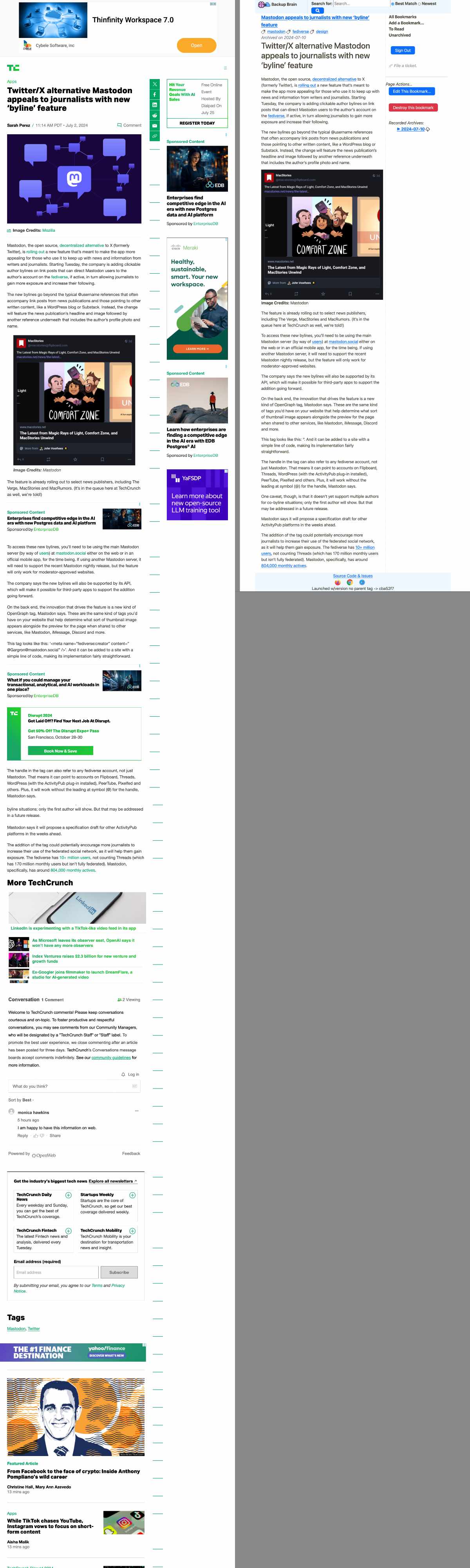 a side-by-side comparison of the original Tech Crunch page & the Reader View style archive in Backup Brain