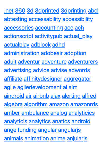 a screenshot of an alphabetized list of words. each one is a link