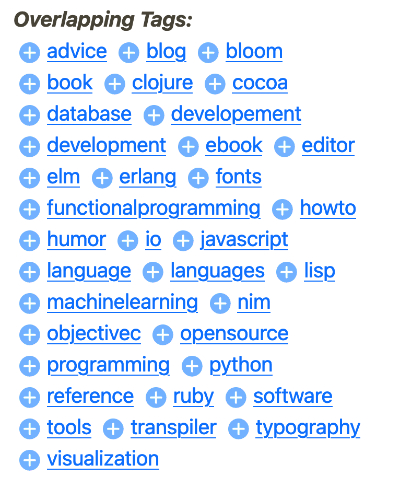A smaller tag cloud with blue plus icons next to each word.