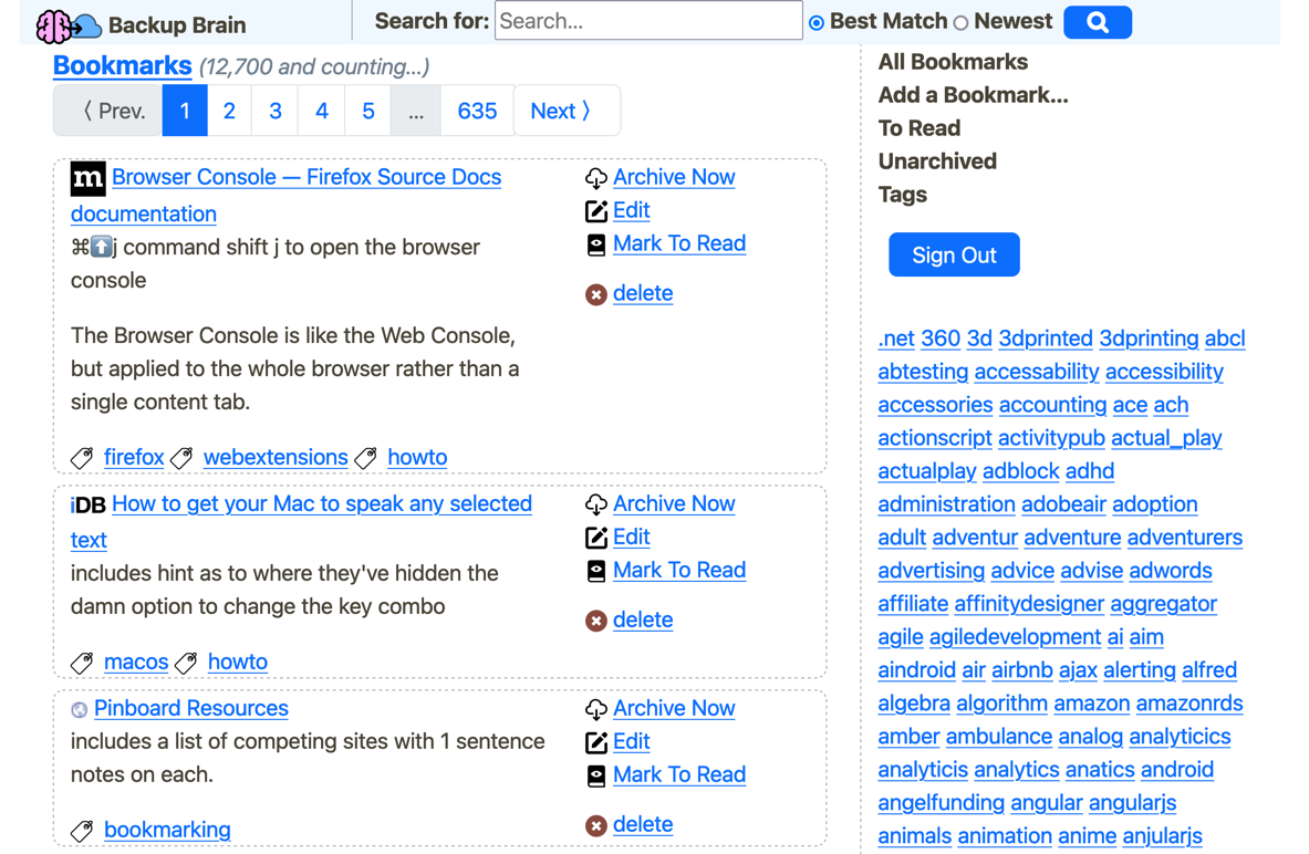 Screenshot of the default view with a tag cloud in the right sidebar