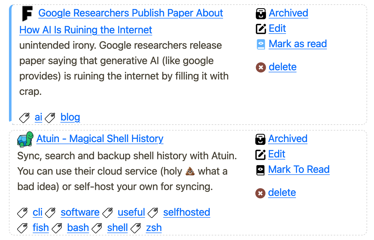 a screenshot showing two bookmarks in a list. The first one has a vertical blue line running up its left side. The second does not. The top one has a link that says 'Mark as Read' and the bottom one's link says 'Mark to Read'